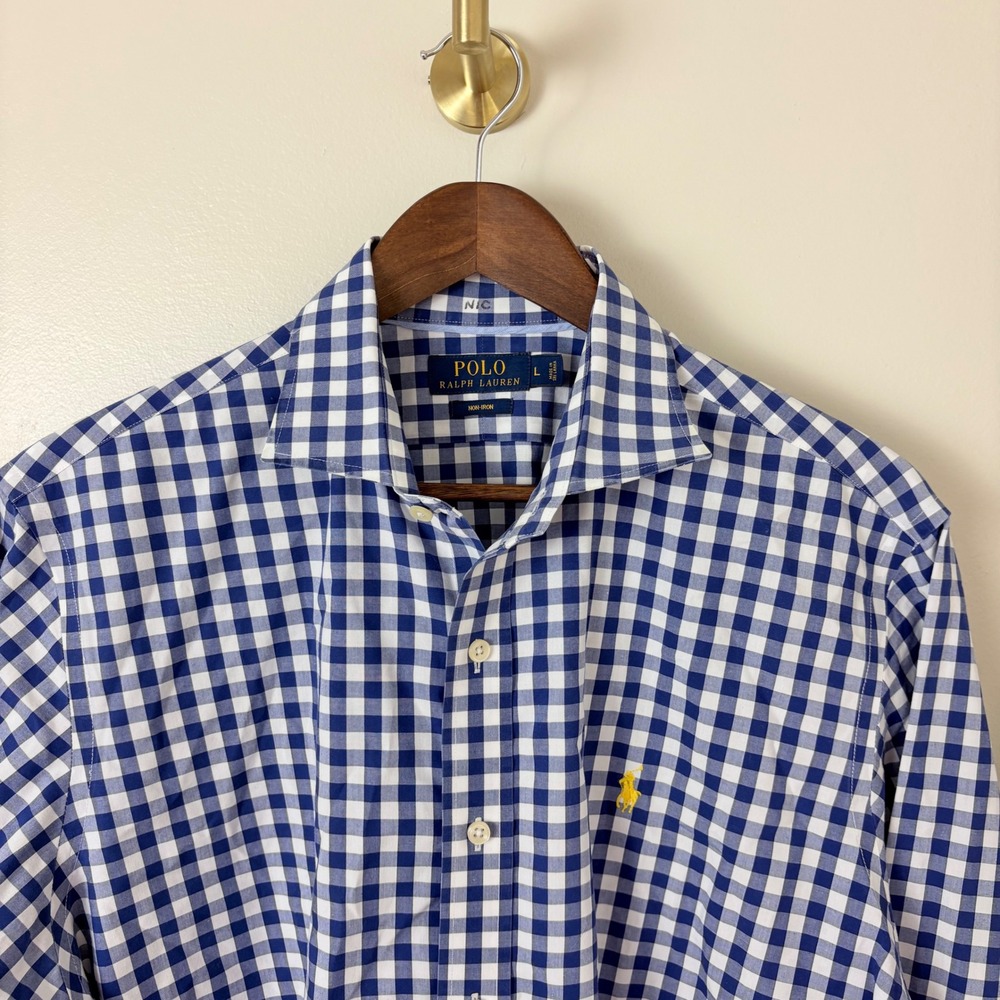 Polo Ralph Lauren Men's L Non Iron Blue Gingham Plaid Check‎ Button Down Shirt